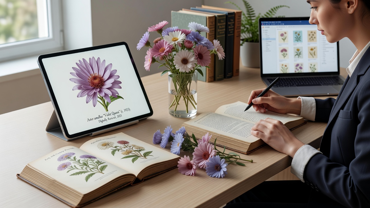Collector examining digitized herbarium records of aster hybrids on a computer screen with reference books nearby